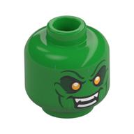 Minifig Head Green Goblin, Yellow Eyes with Dark Green Shadow, Evil Grin Showing Fanged Teeth Print Hellgrün
