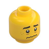 Minifig Head Allen, Medium Nougat Freckles, Open Mouth Smile / Worried Print Gelb