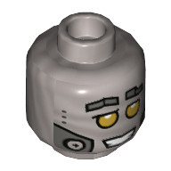 Minifig Head Hiphop Robot, Yellow Eyes, Metal Plates, Open Mouth with Clenched Teeth Print Flat Silver