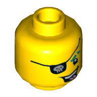Minifig Head Punk Pirate, Dark Turquoise Eyebrow, Eyepatch with Skull, Open Mouth with Tongue Sticking Out Print Yellow