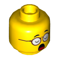 Minifig Head Mr Tang, Red Glasses, Eyes Closed with Open Mouth / Eyes Open with Closed Mouth Print Gelb