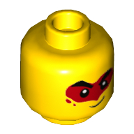 Minifig Head Monkie Kid, Thick Eyebrows, Stern / Smirk with Red Paint Around Eyes Print Gelb