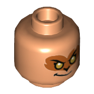 Minifig Head Evil Macaque, Dark Orange Around Gold Eyes with Smirk / Dark Red Around Eyes with White Right Eye and Grin Showing Teeth Print Nougat