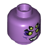 Minifig Head Spindrax, Four Lime Eyes, Dark Purple Cheek Lines, Grin Showing Teeth / Open Mouth Print Medium Lavender