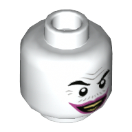 Minifig Head Joker, Gray Wrinkles and Moustache, Dark Pink Lips, Wide Grin / Sad Print Weiß