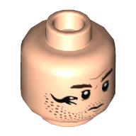 Minifig Head Rainn DeLaCourt, Bushy Dark Brown Eyebrows, Black Dinosaur Tattoo, Stubble, Closed Mouth / Open Mouth Clenched Teeth Print Light Nougat