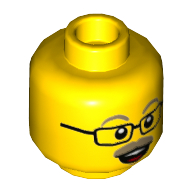 Minifig Head Top Hat Tom, Dark Tan Eyebrows and Moustache, Square Glasses, Open Mouth Smile Print Yellow