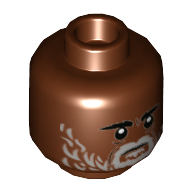 Minifig Head Greef Karga, Low Eyebrows, Light Bluish Gray Beard, Serious Print Reddish Brown