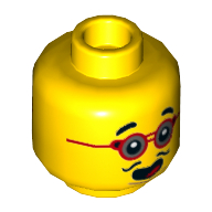 Minifig Head Pan, Red Glasses, Thin Moustache, Open Mouth Smile / Clenched Teeth Print Gelb