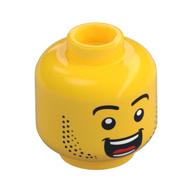 Minifig Head Dynamo Doug, Beard Stubble, Raised Eyebrows, Large Open Mouth Smile Print Gelb