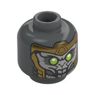 Minifig Head Chitauri, Gold Armor, Lime Eyes, Large Open Mouth with Teeth Print Dark Bluish Gray