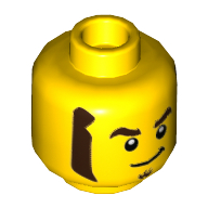 Minifig Head Rocket Racer, Dark Brown Eyebrows, Goatee, and Sideburns, Smirk Print Yellow