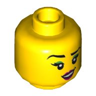 Minifig Head Raze, Green Eyeshadow, Magenta Lips, Raised Right Eyebrow / Tongue Sticking Out Print Yellow