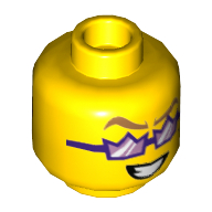 Minifig Head Spotlight, Dark Purple Crown Glasses, Nougat Eyebrows, Open Mouth Smile / Pursed Lips Print Yellow