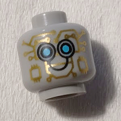 Minifig Head Robot, Gold Circuitry, Medium Blue Eyes print [Hollow Stud] Hellblaugrau