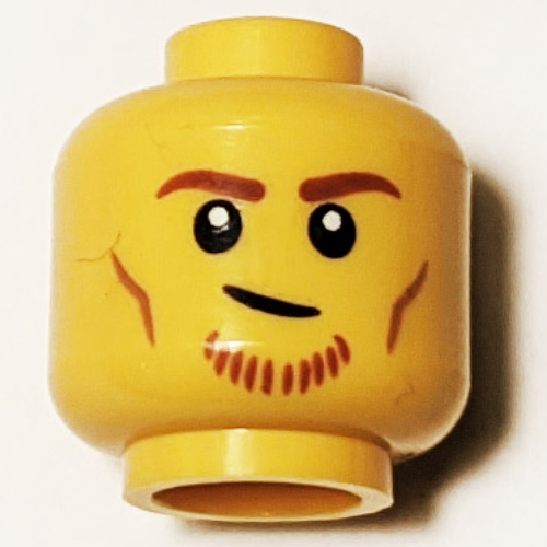 Minifig Head Racer, Dark Orange Eyebrows and Beard, Lopsided Smile print Gelb