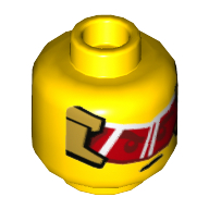 Minifig Head Monkie Kid, Red Visor with Gold Frame / Angry Open Mouth Print Gelb