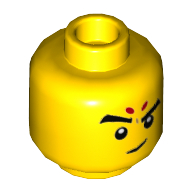 Minifig Head Nezha, Big Eyebrows, Red Forehead Markings, Stern / Smirk with Raise Left Eyebrow Print Yellow