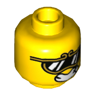 Minifig Head Monkie Kid, Sunglasses with Gold Frames and Smile with Star / Big Eyebrows and Smirk Print Gelb