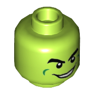 Minifig Head Green Goblin, Dark Green Cheek Lines, Scared / Evil Grin Showing Teeth Print Limette