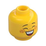 Minifig Head Groom, Eyelashes, Bright Light Orange Cheeks, Medium Nougat Freckles, Lopsided Grin / Open Mouth Smile with Braces Print Yellow