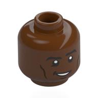Minifig Head War Machine / Val-Zod, Thick Eyebrows, Dark Brown Cheek Lines, Lopsided Smile with Teeth Print Reddish Brown