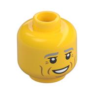 Minifig Head, Light Bluish Gray Eyebrows, Dark Orange Cheek Lines, Open Mouth Smile Print Yellow