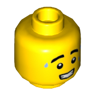 Minifig Head Ice Cream Vendor, Thick Eyebrows, Bright Light Blue Sweat Drops, Open Mouth with Teeth Print Yellow