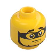 Minifig Head Criminal, Dark Brown Thick Eyebrows and Beard, Black Eyemask, Worried Print Yellow