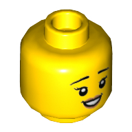 Minifig Head, Eyebrows, Eyelashes, Peach Lips, Open Smile / Slight Smile Print Yellow
