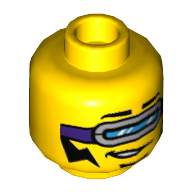 Minifig Head, Silver and Dark Purple Visor, Black Lightning Bolt Sideburns, Smirk Print Gelb