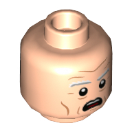 Minifig Head Doc Brown, Light Bluish Gray and White Eyebrows, Smile with Goggles / Open Mouth Scared Print Light Nougat