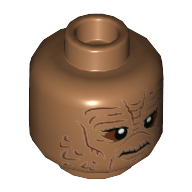 Minifig Head Weequay Guard, Reddish Brown Around Eyes, Cheek Lines, and Wrinkles, Three Braided Ponytails Print Medium Nougat