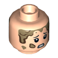 Minifig Head Lex Murphy, Eyelashes, Mud, Scared / Smile Print Light Nougat