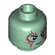 Minifig Head Drax, Light Bluish Gray Cheek Lines, Dark Red Tattoos on Front and Back, Serious Print Sandgrün