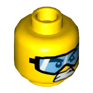 Minifig Head Monkie Kid, Goggles and Angry Mouth / Dirt Stains and Open Mouth Smile Print Gelb