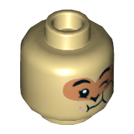 Minifig Head Monkey King, Nougat Around Eyes, Left Eye Winking, Black Right Eye and Chewing / Gold Right Eye Angry Print Beige