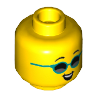 Minifig Head, Thin Eyebrows, Smile, Dark Turquoise Sunglasses / Eyelashes Print Gelb