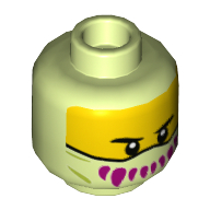 Minifig Head, Yellow Face, Facemask with Magenta Fanged Teeth Print Yellowish Green