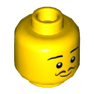 Minifig Head Mr Produce, Thin Eyebrows, Curly Brown Moustache, Smile Print Gelb