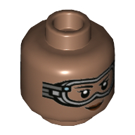 Minifig Head Ironheart, Light Bluish Grey Goggles, Dark Red Lips, Smile / Angry with Clenched Teeth print Medium Brown