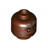 Minifig Head Nakia, Sand Blue Markings, Dark Brown Lips, Smile / Angry with Clenched Teeth Print Rotbraun