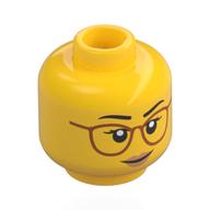 Minifig Head, Dark Orange Glasses, Peach Lips, Smile / Concerned Print Yellow