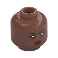 Minifig Head Reva, Eyelashes, Dark Red Lips, Serious Print Medium Brown