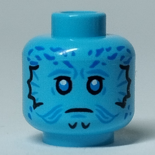 Minifig Head Mythrol, White Eyes with Black Edge, Dark Blue Markings print Medium Azure