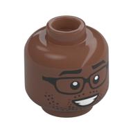 Minifig Head, Black Glasses, Stubbled Beard, Big Smile/Small Smile print Medium Brown