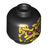 Minifig Head Ink Demon, Yellow, Bright Light Orange, Dark Purple Markings, Magenta Eyes print Black