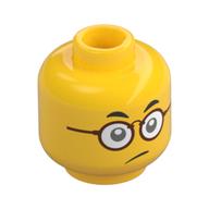 Minifig Head Mr Tang, Eyes Closed with Open Mouth / Eyes Open with Reddish Brown Glasses and Closed Mouth Print Yellow
