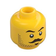Minifig Head Dark Brown Eyebrows, Moustache, Soul Patch, Stubbled Beard, Stern/Scared print Yellow