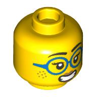 Minifig Head, Dark Azure Glasses, Freckles, Nervous Grin / Straight Closed Mouth with Sweat Drop print Yellow